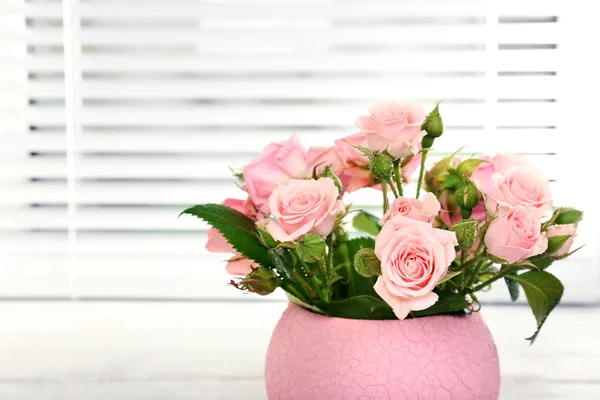 Beautiful roses in pot on windowsill — Stock Photo, Image