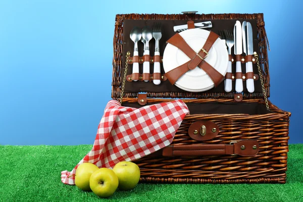 Wicker picnic basket on green grass on blue background — Stock Photo, Image