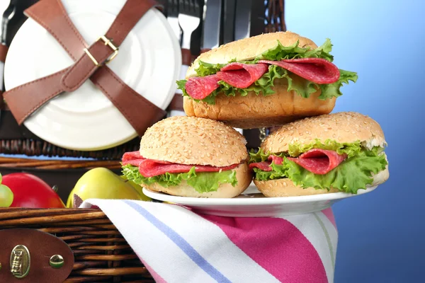 Smaczne kanapki na kosz piknikowy wiklina na niebieskim tle — Zdjęcie stockowe