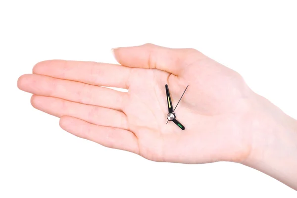 Hand som håller klockan pilar isolerad på vit — Stockfoto