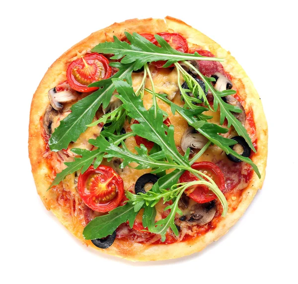 Pizza saborosa com legumes e rúcula isolada em branco — Fotografia de Stock