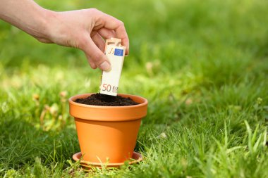 Parayı saksının yeşil çim arka plan üzerinde yıkıp el