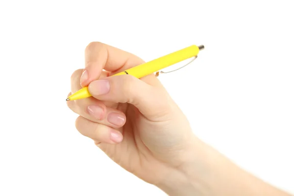 Mano femminile con penna isolata su bianco — Foto Stock