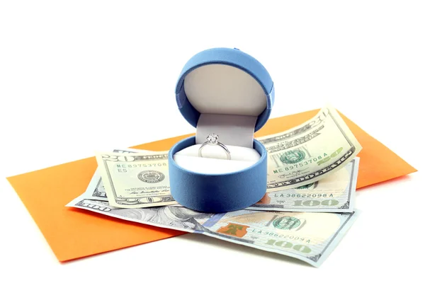 Ring in box and money, isolated on white — Stock Photo, Image