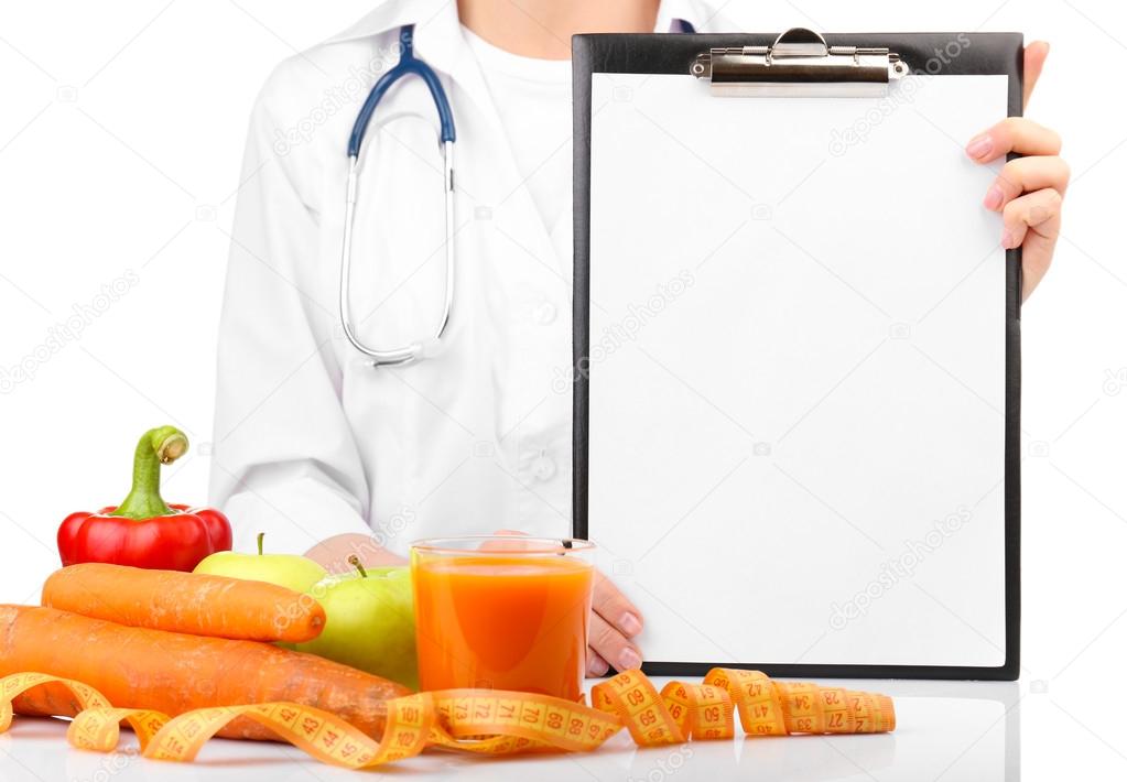 Nutritionist Doctor with clipboard for diet plan, isolated on white