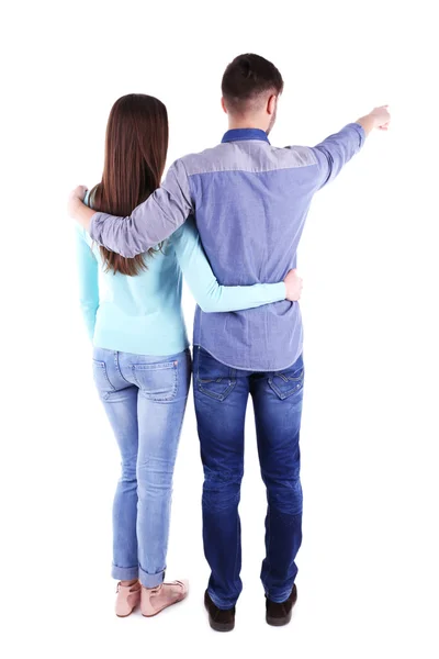 Visão traseira do jovem casal isolado no branco — Fotografia de Stock