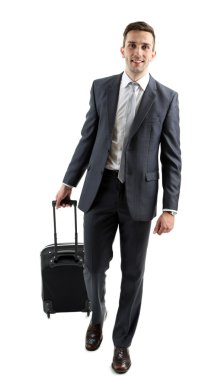 Beyaz izole bavul tutan adam