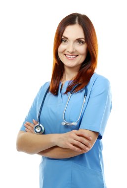 güzel doktor kadın üzerinde beyaz izole