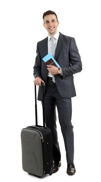 Hombre sosteniendo maleta aislada en blanco — Foto de Stock