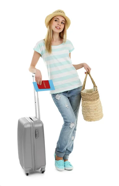 女人拿着手提箱，白色上孤立 — 图库照片