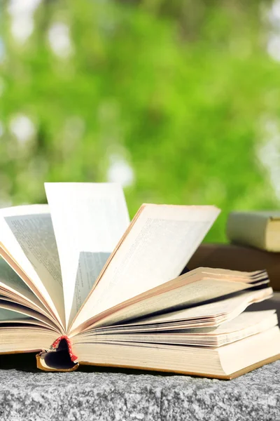 Stack of books outdoors, on blurred background — Stock Photo, Image