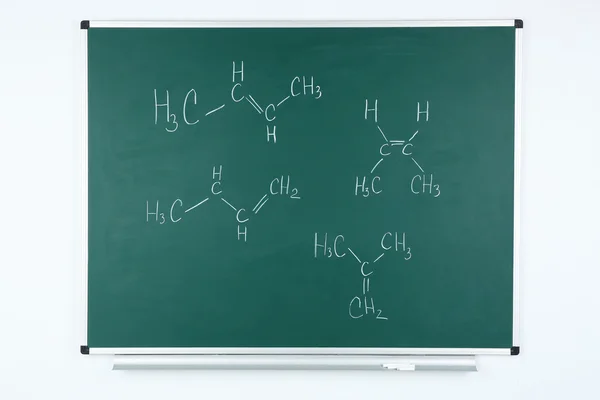 Molekül modelleri ve tahta arka plan sayfasındaki formülleri — Stok fotoğraf