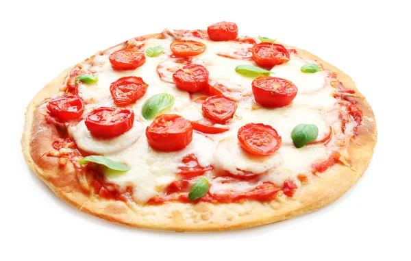 Délicieuse pizza au fromage et tomates cerises isolées sur blanc — Photo