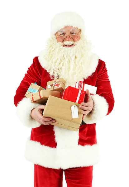 Kerstman met geschenkdozen geïsoleerd op witte achtergrond — Stockfoto
