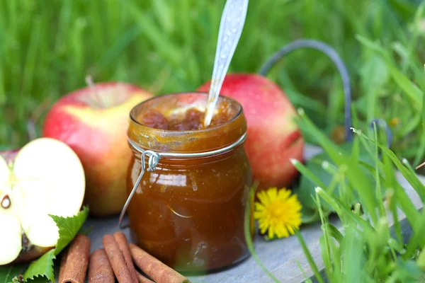 Apple jam in kruik en verse rode appels op gras — Stockfoto