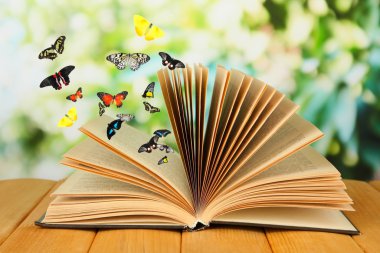 Ahşap masa ve kelebekler açık kitap