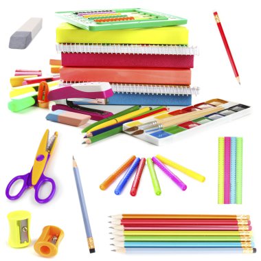 Parlak okul kırtasiye, üzerinde beyaz izole