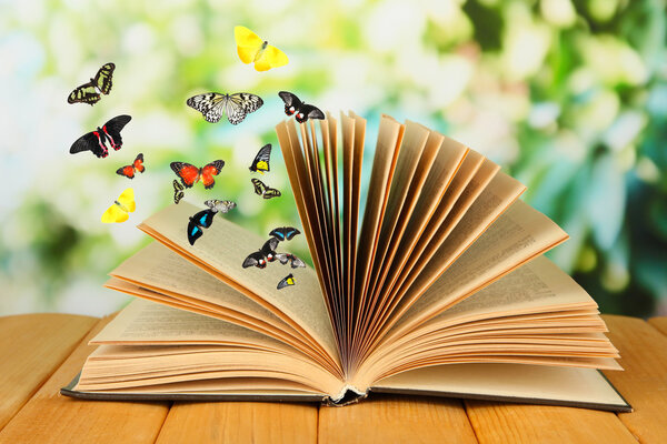 Открытая книга о деревянном столе и бабочках
