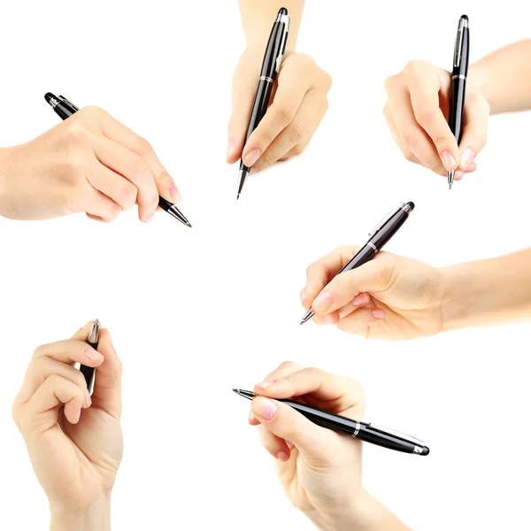 Collage of female hands with pens, isolated on white — Stock Photo, Image