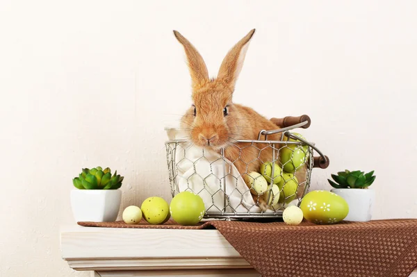 Cute red rabbit with Easter eggs on shelf on light wallpaper background — Stock Photo, Image