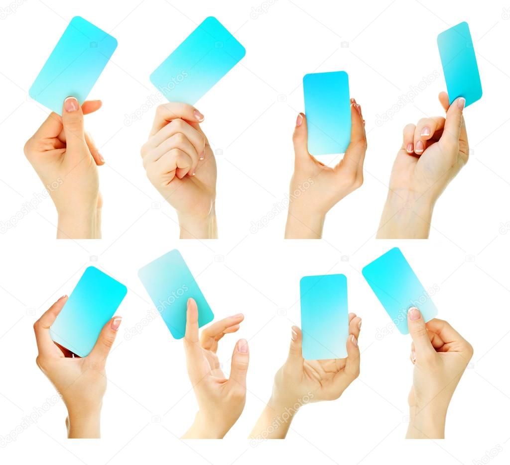 Collage of hands holding business card, isolated on white