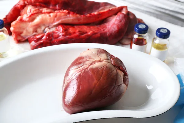 Heart organ in medical metal tray on table close up — Stock Photo, Image