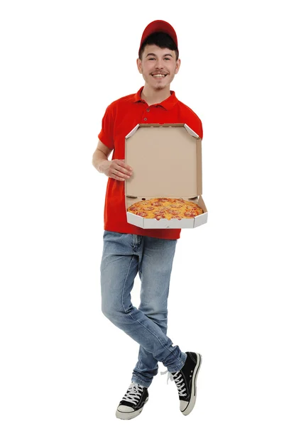 Consegna ragazzo con scatola di cartone pizza isolato su bianco — Foto Stock