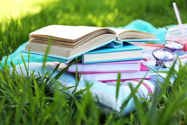 Livros, copos e bebida na grama close-up — Fotografia de Stock