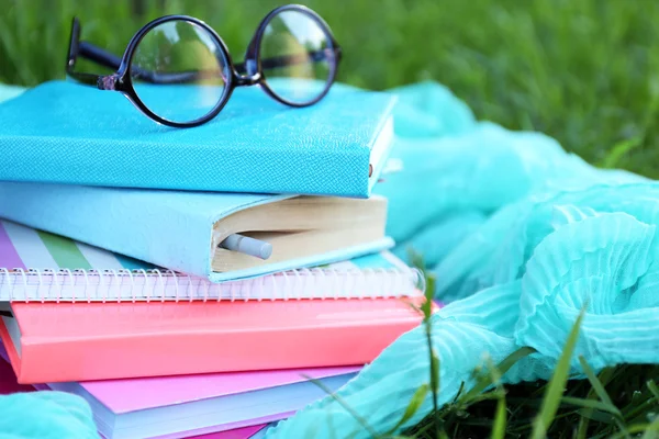 Boeken, glazen en drankje op gras close-up — Stockfoto