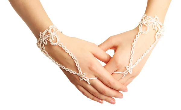 Mains féminines avec bracelets isolés sur blanc — Photo