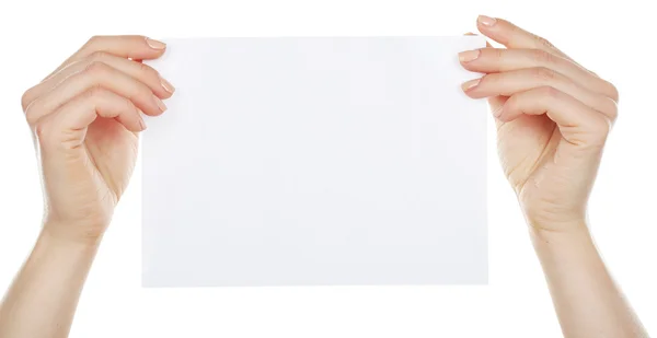 Manos sosteniendo tarjeta en blanco aisladas en blanco — Foto de Stock