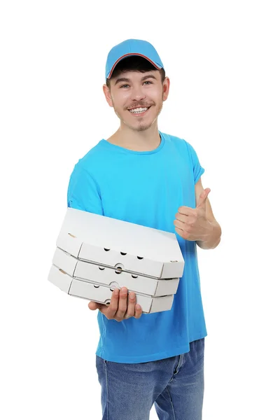 Delivery boy with cardboard pizza box isolated on white — Stock Photo, Image