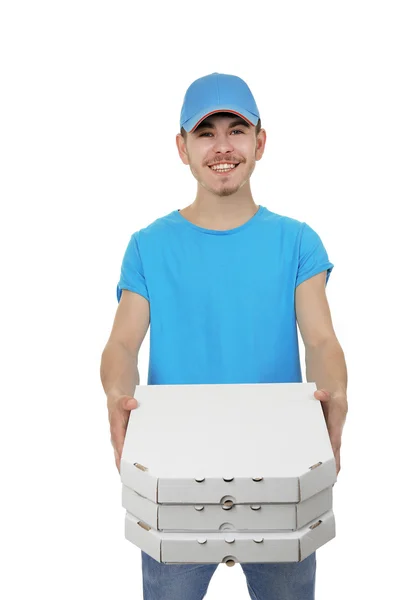 Delivery boy with cardboard pizza box isolated on white — Stock Photo, Image