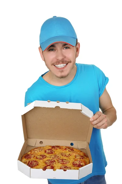 Entrega menino com caixa de pizza de papelão isolado em branco — Fotografia de Stock