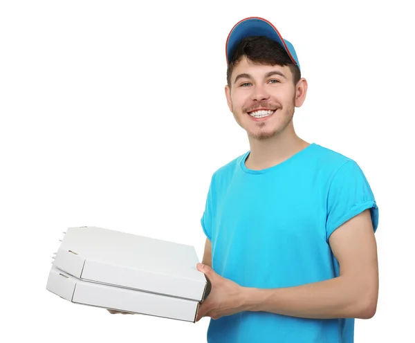 Entrega menino com caixa de pizza de papelão isolado em branco — Fotografia de Stock