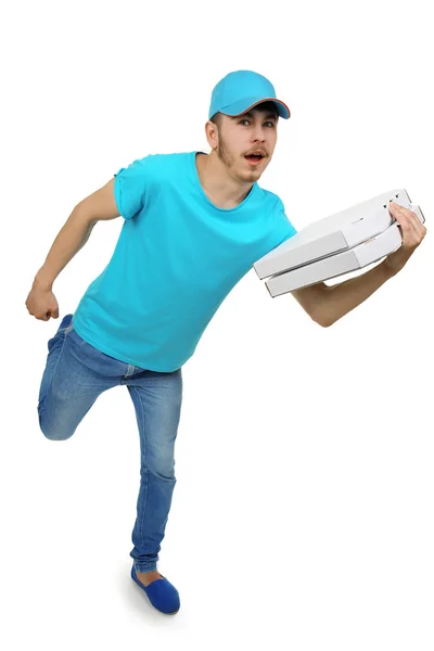 ダン ボール ピザ箱白で隔離と配達の少年 — ストック写真