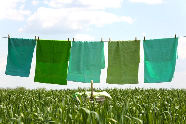 Tvätt linje med handdukar — Stockfoto