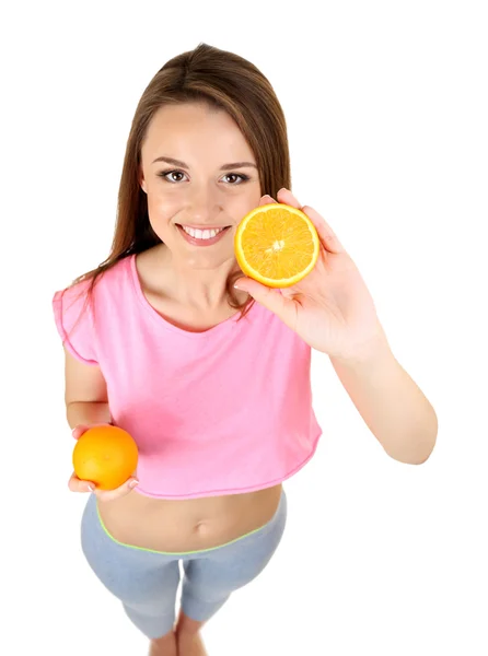 Mujer joven y saludable con naranja aislada en blanco — Foto de Stock
