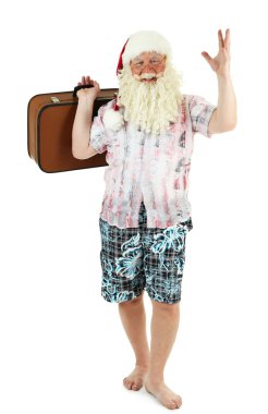Noel Baba holding bavul, üzerinde beyaz izole