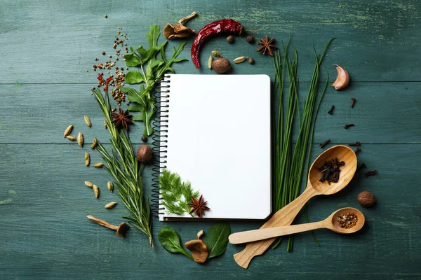 Livro de receitas com ervas frescas e especiarias — Fotografia de Stock