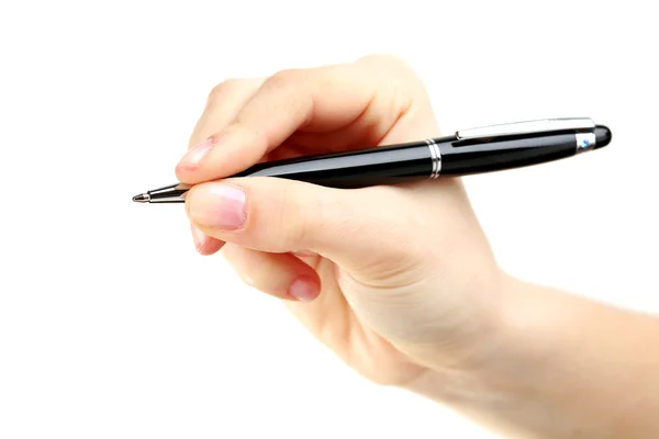 Vrouwelijke hand met pen geïsoleerd op wit — Stockfoto