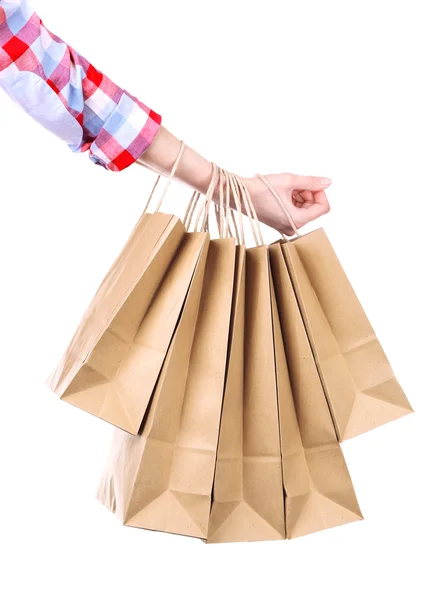 Ręka trzyma torba na zakupy papieru na białym tle — Zdjęcie stockowe