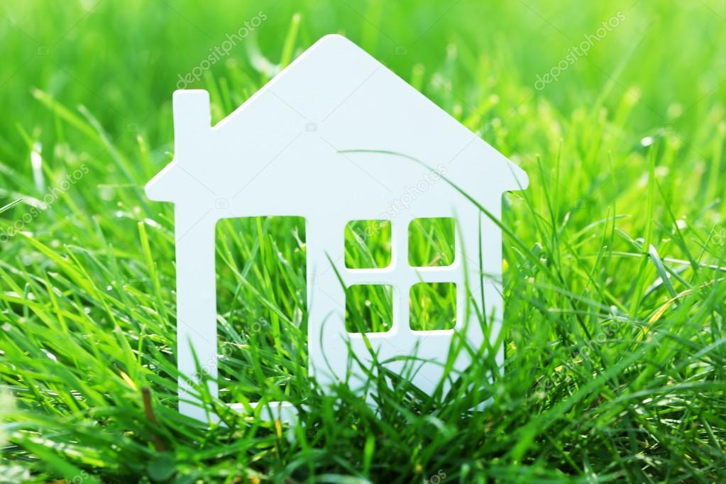 Small model of house over green grass background