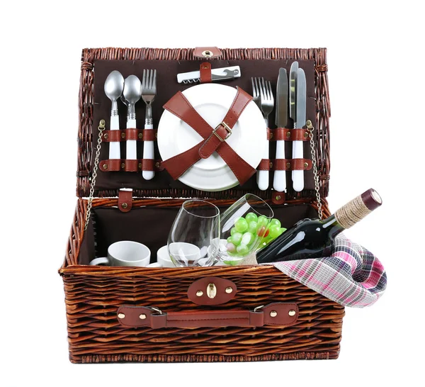 Wicker picnic basket with food — Stock Photo, Image