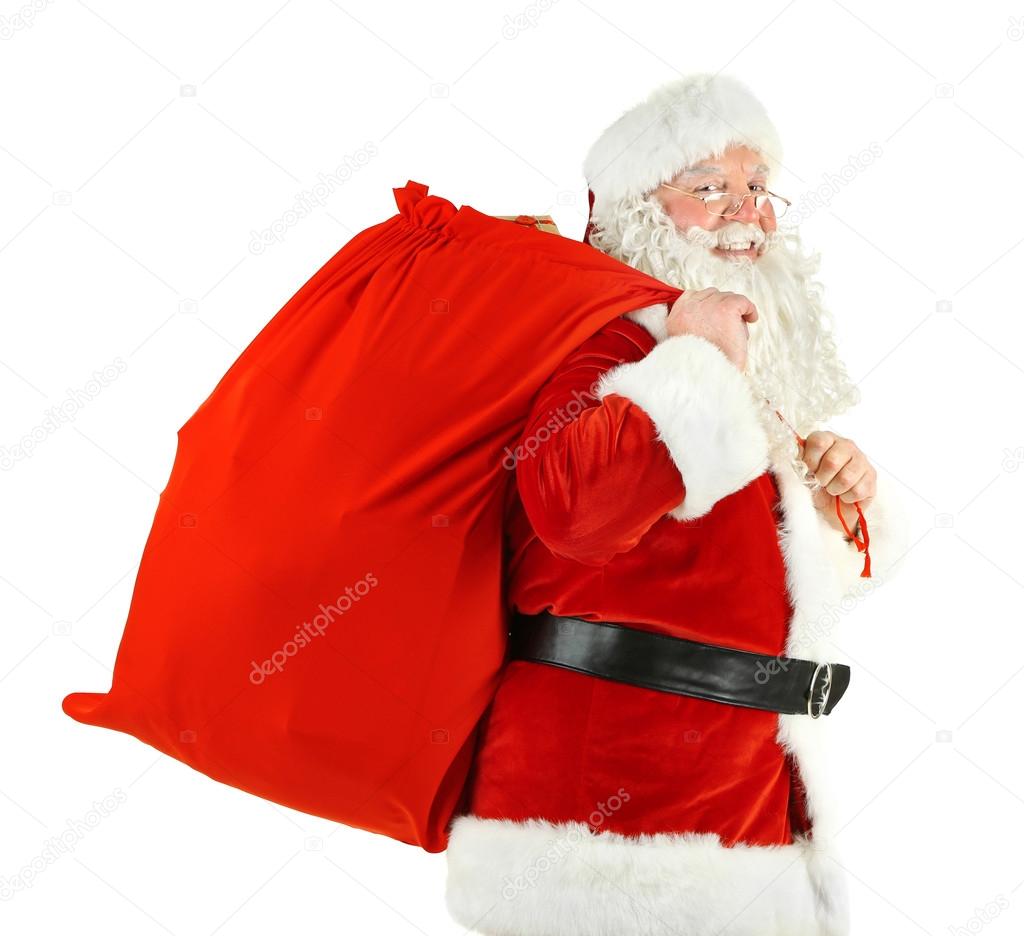 Santa Claus with bag, filled gift boxes isolated on white background