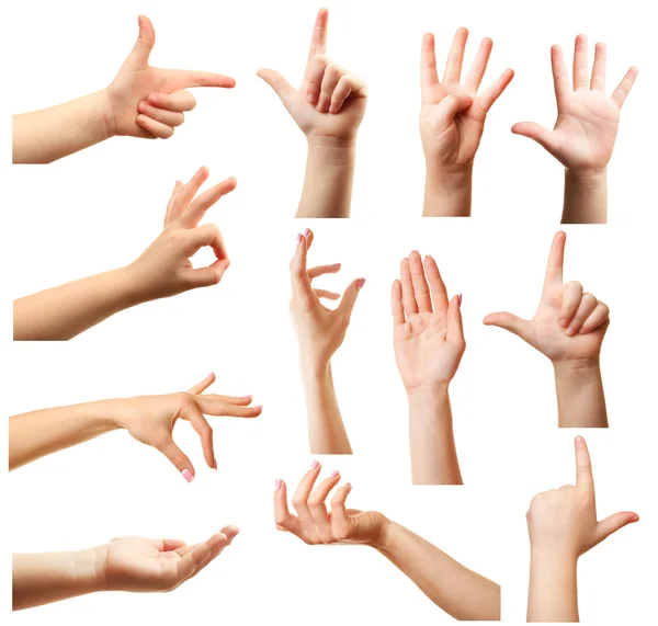 Collage of  hands showing different gestures, isolated on white — Stock Photo, Image