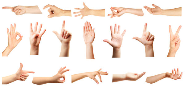 Collage of  hands showing different gestures, isolated on white