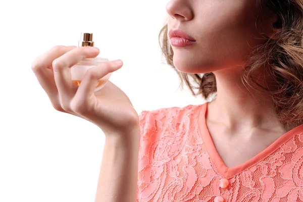 Beautiful woman with perfume bottle isolated on white — Stock Photo, Image