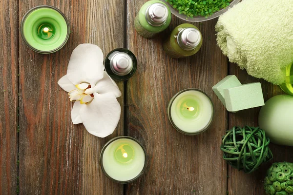 Beautiful spa composition with candles on table close up — Stock Photo, Image