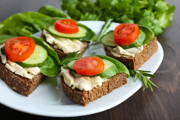 Läckra smörgåsar med grönsaker och greener på plattan på nära håll — Stockfoto